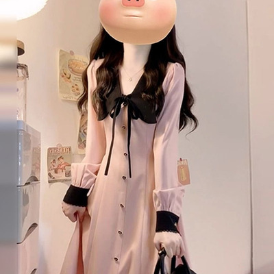 粉色气质长袖衬衫连衣裙子女装