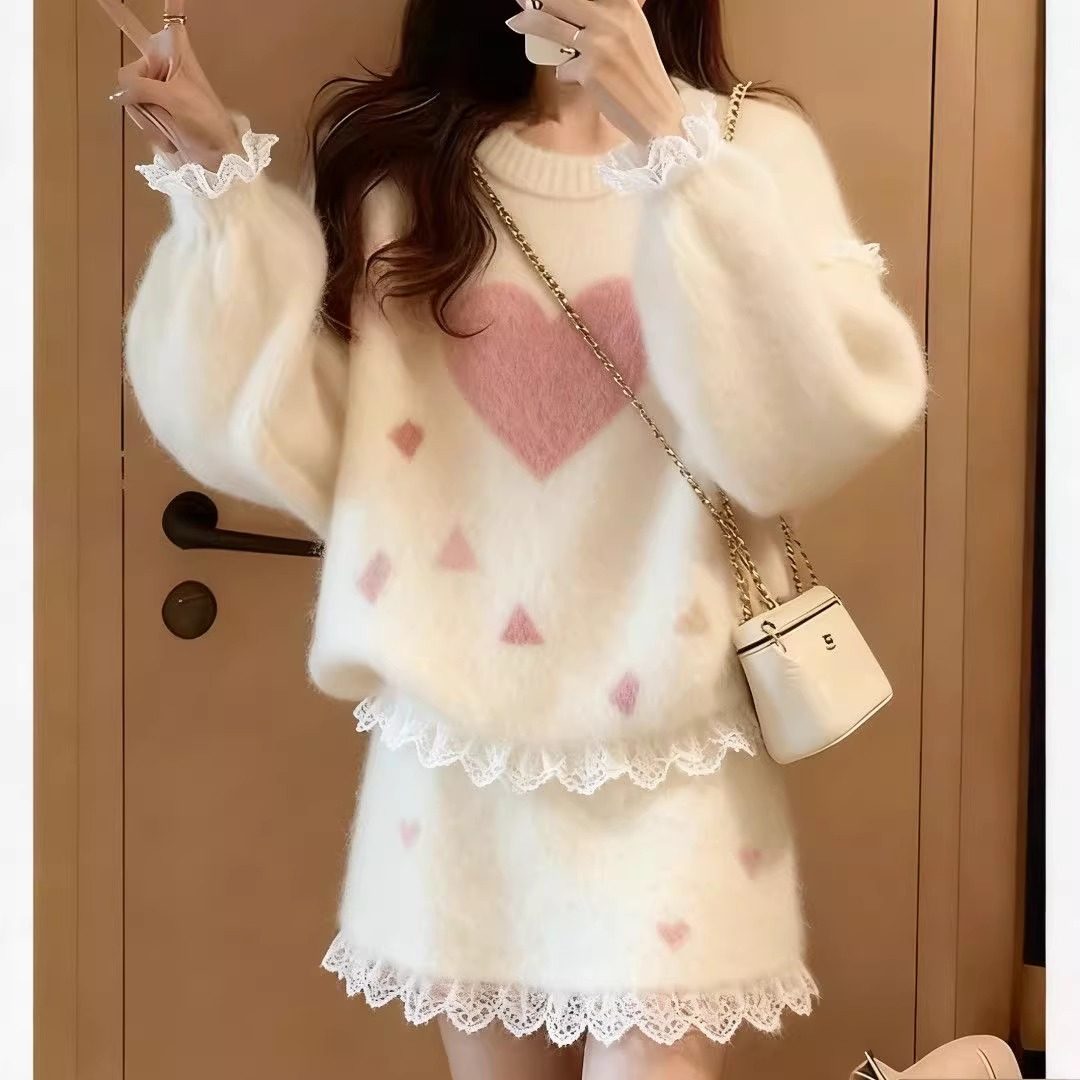 温柔时尚套装新款毛衣宽松精致慵懒秋冬搭配短裙提花上衣两件套