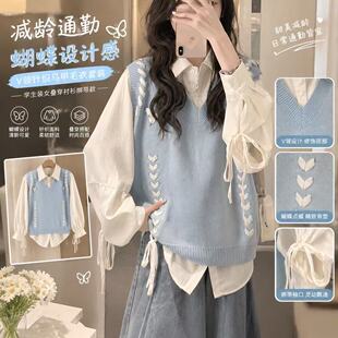 学院风背心毛衣女学生+杏色衬衫日系甜美绑带青春感减龄两件/套装