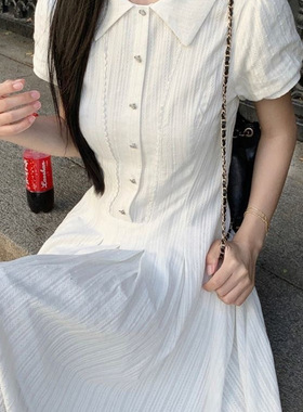 2025年夏季新款日系甜美白色连衣裙收腰褶皱气质拼接a字中长款裙
