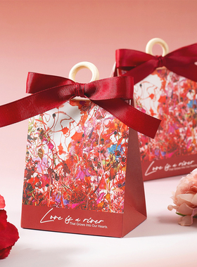 新款水彩花卉紫色喜糖盒结婚喜糖袋创意高级感婚礼伴手礼木环糖盒