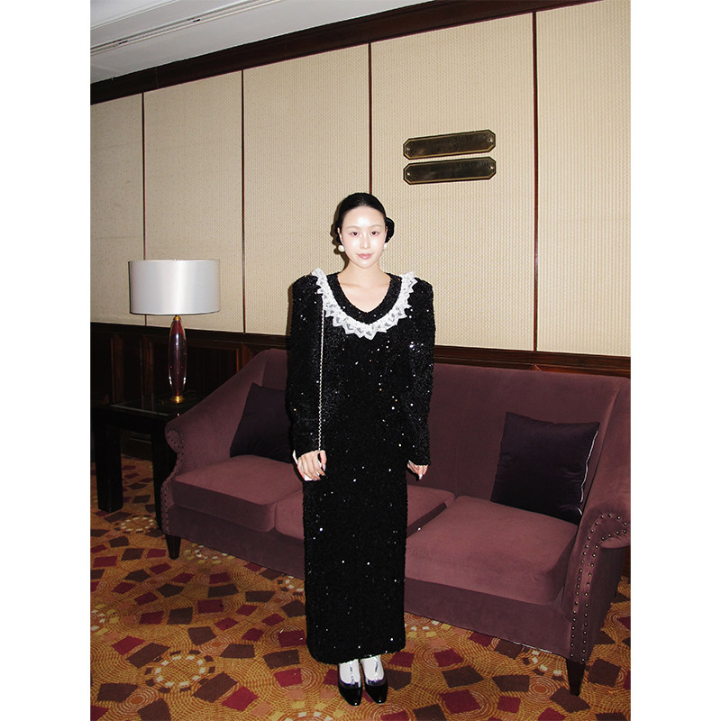 WEINISIAN朱小姐重工珠片晚礼服宫廷连衣裙法式长袖长裙女新款