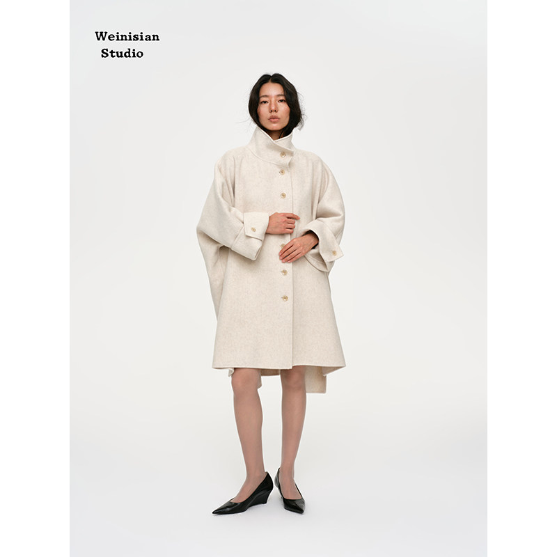 WEINISIAN朱小姐小众手工双面呢立领斗篷大衣女宽松中长款外套