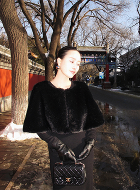 WEINISIAN朱小姐环保毛晚礼服披肩外套女2025新款黑色外搭保暖冬