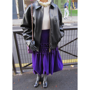 WEINISIAN朱小姐秋冬丝绒木耳边灯笼中长款 显瘦半身裙女2025新款