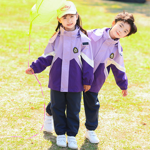 冬季儿童冲锋衣紫色可拆卸防风防水登山服套装男女童三合一班服