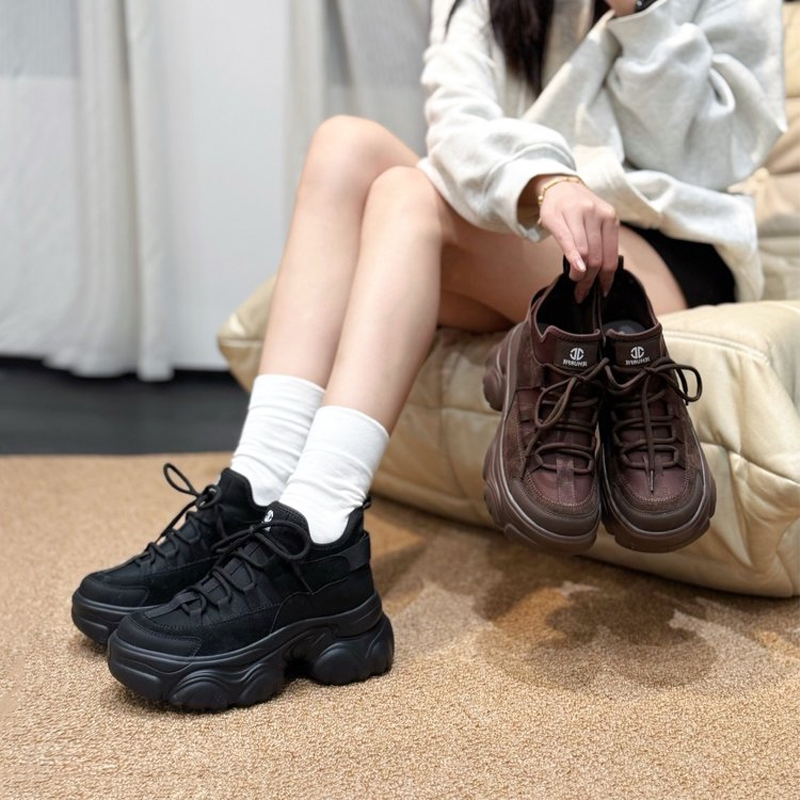 2025新款女冬季纪华菲明星同款拼接厚底/潮流厚底增高加绒老爹鞋