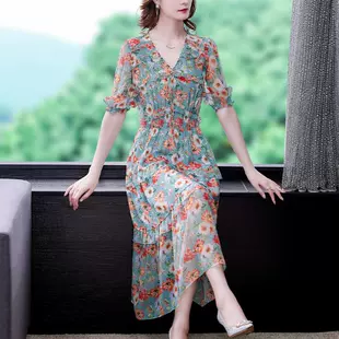 碎花高端气质中长款 裙子 品牌折扣专柜特卖天丝连衣裙大牌春夏季