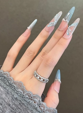 蓝色丝带手工穿戴甲长款细狗4.0美甲甲片成品可拆卸指甲贴片指甲