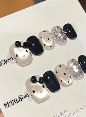 10片可爱卡通设计穿戴美甲显白蝴蝶结甜酷美甲短款黑色甲片成品