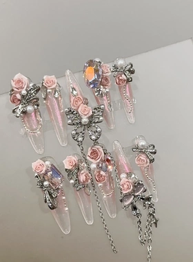 纯手工穿戴甲高级感魔镜粉色长款高端美甲重工山茶花朵假指甲贴片