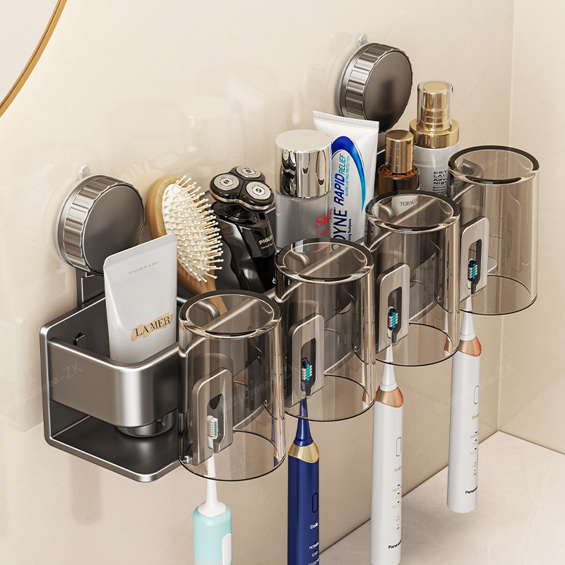吸盘牙刷置物架免打孔漱口杯刷牙杯壁挂式家庭化妆室牙刷牙膏架子