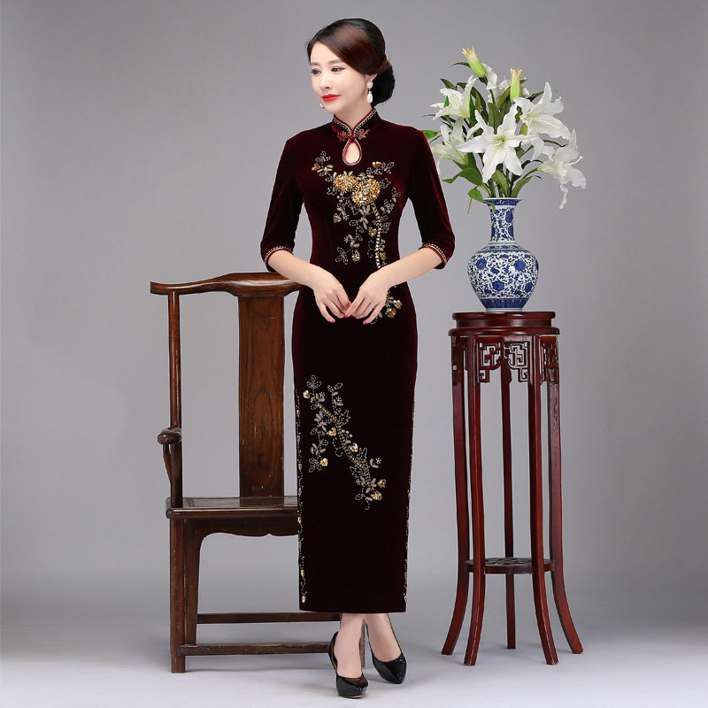 深圳婚宴金丝绒旗袍喜婆婆妈妈装礼服品牌连衣裙大码女装汉服爆款