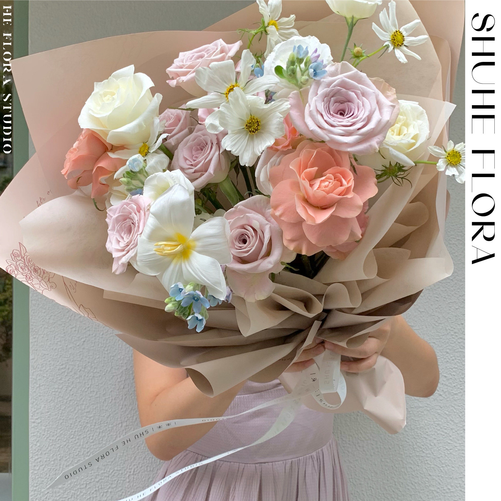 「雾中情人」复古裸色系韩式生日卡布奇诺鲜花玫瑰束禾杭州花店