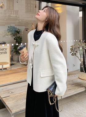 正版秋冬蝴蝶结双面山羊绒短外套女2025秋冬新款气质文艺通勤上衣