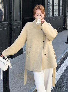 双面呢羊绒大衣通勤风2025冬季轻软柔暖中长款系带小个子羊毛大衣