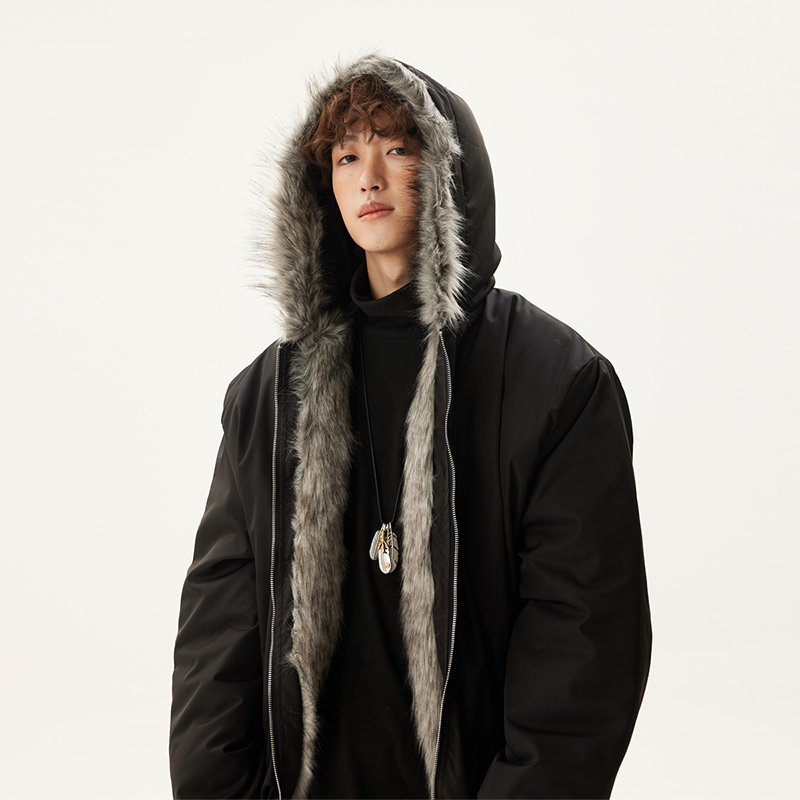 复古山雕毛领棉服男加绒冬季