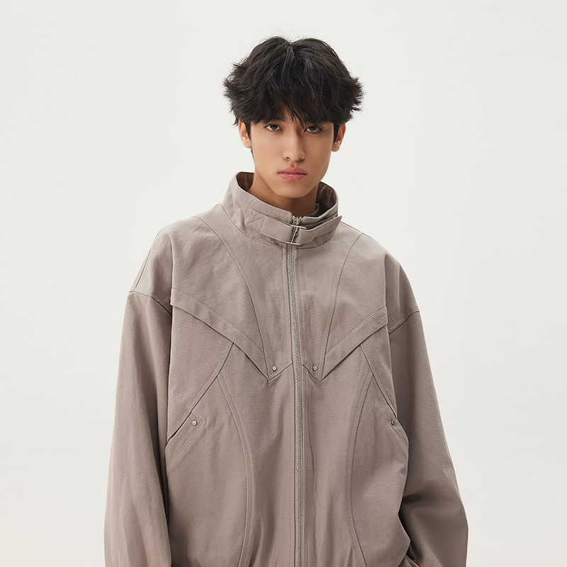 美式复古立领工装夹克男拼接