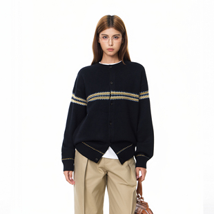 穿搭宽松针织衫 毛衣男女同款 外套潮 北欧风几何提花拼接开衫 Syri