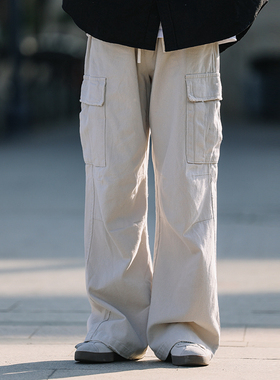 水曜日定休 日系做旧设计宽松休闲裤男阔腿直筒工装裤新款长裤子