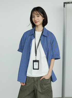 水曜日定休夏季新款蓝白格子短袖衬衫男女休闲宽松日常通勤衬衣潮