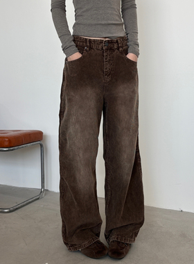 SYRI 复古水洗三本针雪花后松紧腰灯芯绒宽松直筒工装裤长裤男女