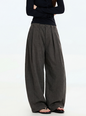 SYRI 美式复古老钱风格子打褶磨毛弯刀裤宽松保暖垂感休闲裤子