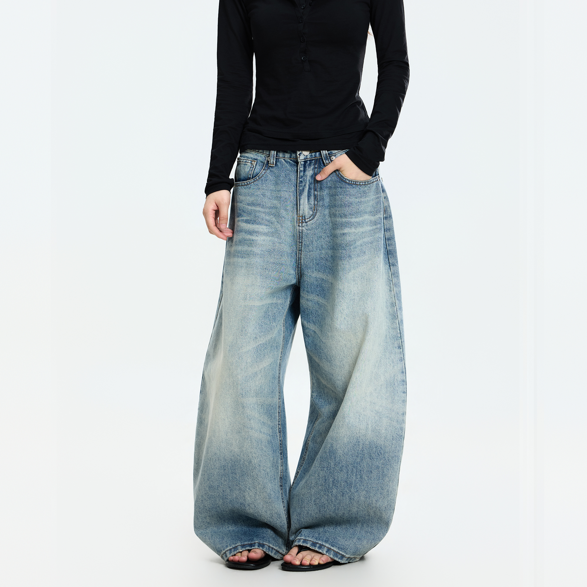 美式复古猫须弯刀牛仔裤男女直筒