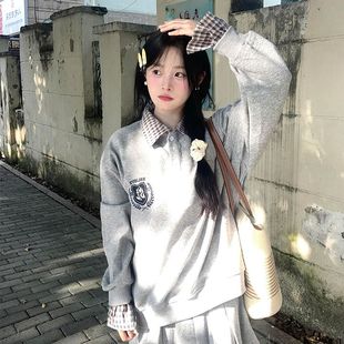 复古字母刺绣翻领卫衣女春秋新款 美式 宽松休闲情侣外套ins潮上衣