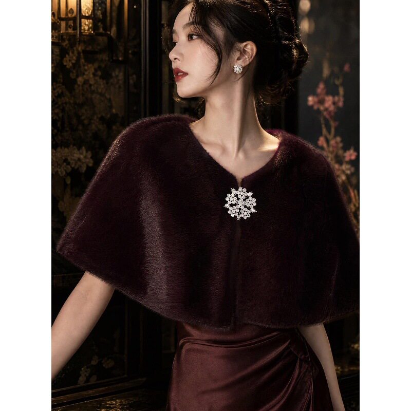 酒红色仿皮草披肩女外搭旗袍礼服秋冬季保暖新娘结婚礼服外搭斗篷