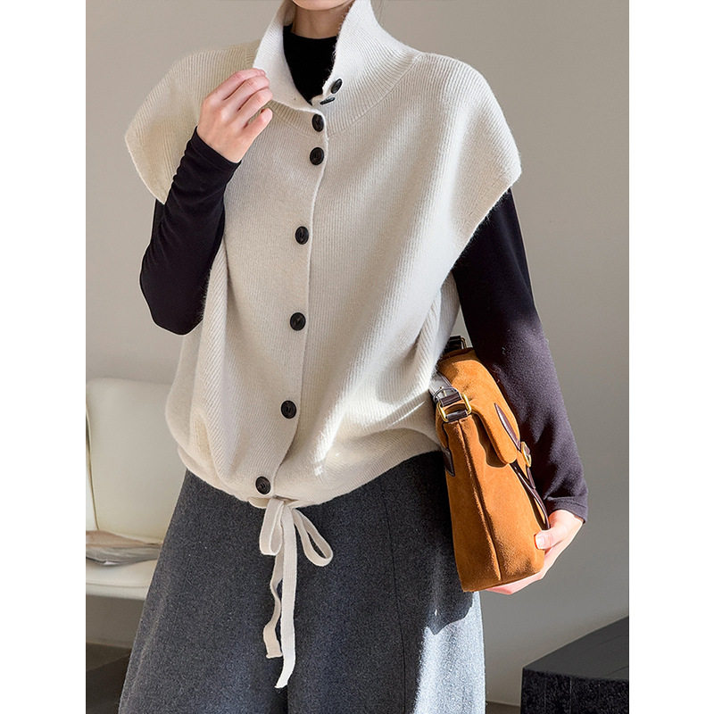 2025冬新款简约半高领宽松慵懒毛衣女背心加厚单排扣无袖开衫马甲,女装/女士精品,马夹,淘宝优惠券,粉丝福利购,淘宝优惠卷