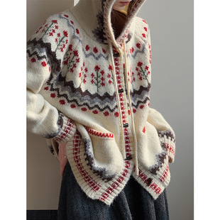 橘芷费尔岛针织连帽开衫 外套1921 圣诞慵懒风毛衣女秋冬加厚针织衫