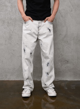 【32023】Dokie重磅美式复古白牛水洗扎染宽松直筒牛仔裤男士堆叠