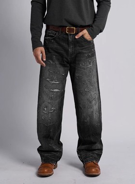 【黑狗】Dokie14盎司进口水洗美式休闲裤003水洗直筒磨破牛仔裤男