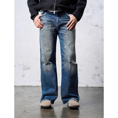 15盎司重磅美式水洗破洞牛仔裤