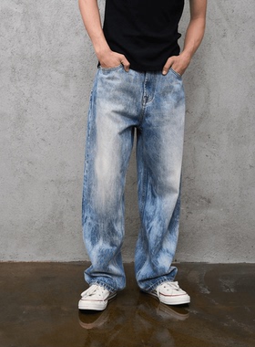 【32019】Dokie14盎司牛仔裤重磅漂水洗喷马骝美式宽松休闲Baggy