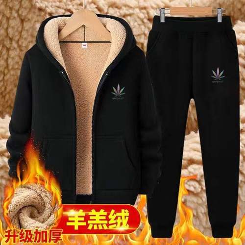 羊羔绒卫衣套装男士冬季加绒加厚连帽运动服休闲开衫保暖外套裤子