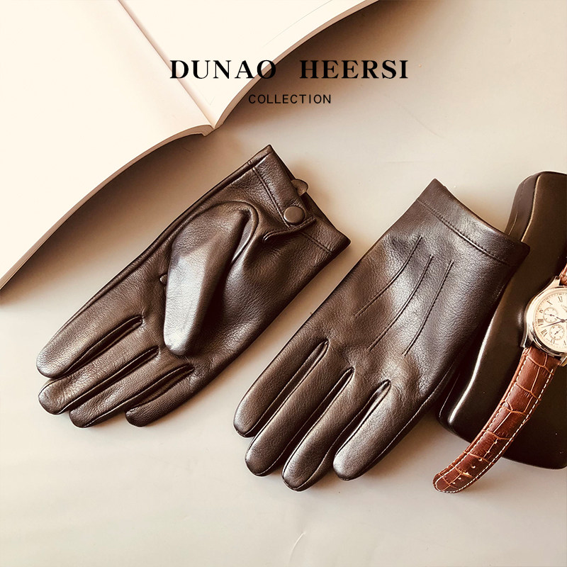 thumbnail for Glutinous feeling 100% imported clear water lambskin deer skin leather gloves men's winter fleece warm driving thin pure leather