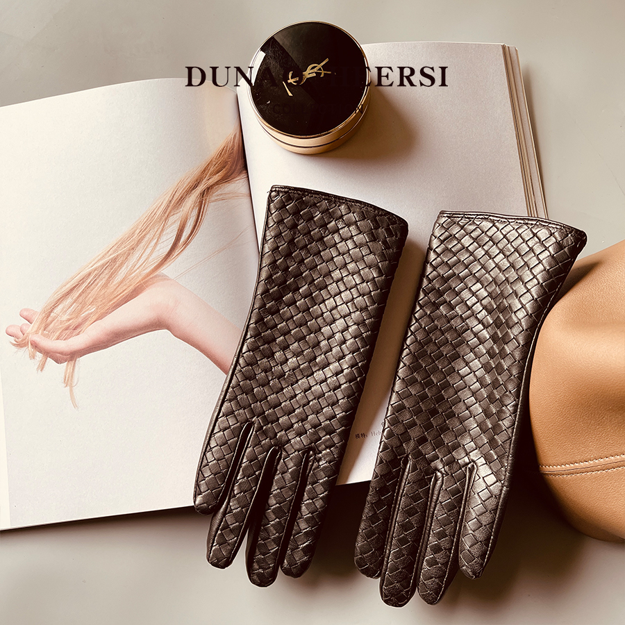 编织手背真皮小羊皮女士皮手套加绒薄款秋冬季时尚韩版开车修手型