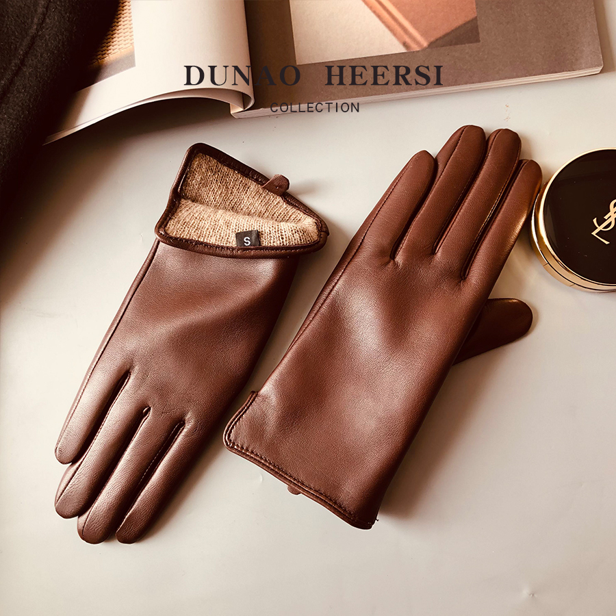 100%羊绒内衬进口清水小羊皮真皮手套女冬季加绒保暖中长款修手型