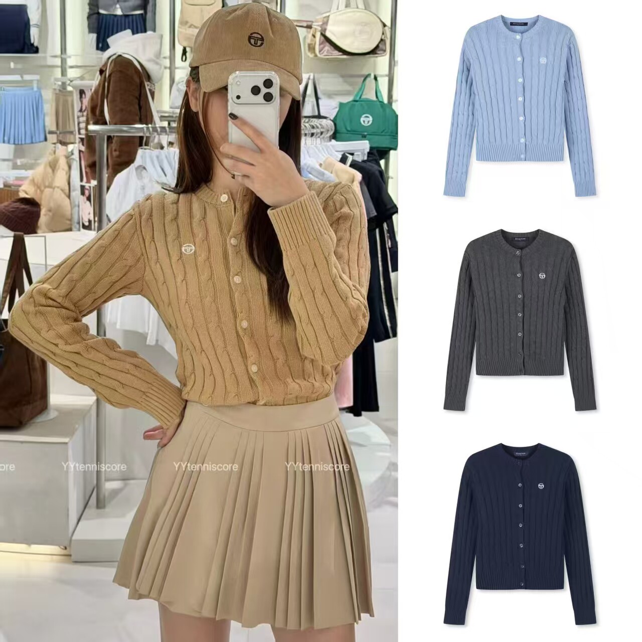 韩国采购Sergio Tacchini女士网球绞花麻花轻盈柔软针织Polo开衫