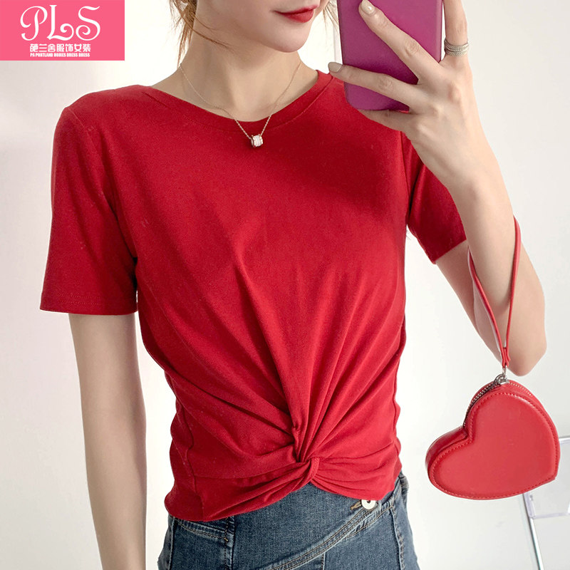 夏季新款小个子短款t恤女纯白圆领宽松收腰短袖纯色简约扭结上衣