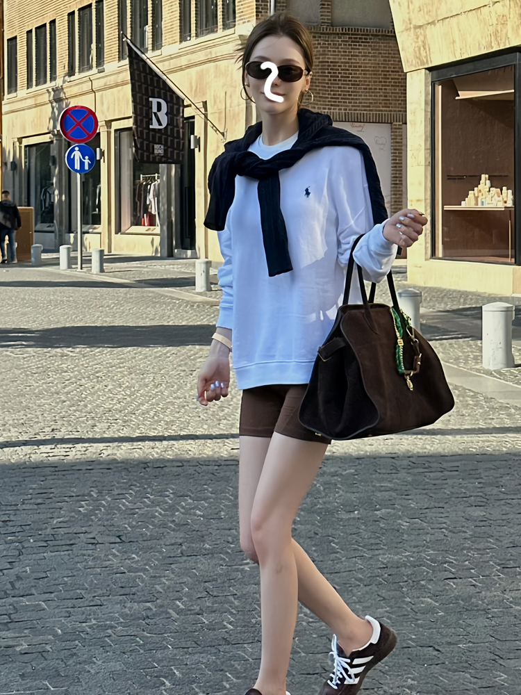 早秋新款白色polo小马标长袖上衣女松弛感穿搭宽松纯棉套头衫卫衣