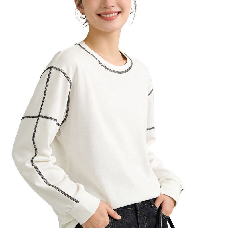 韩系撞色休闲长袖t恤女士春秋2026新款凉感圆领卫衣宽松上衣,女装/女士精品,大码内搭,淘宝优惠券,粉丝福利购,淘宝优惠卷