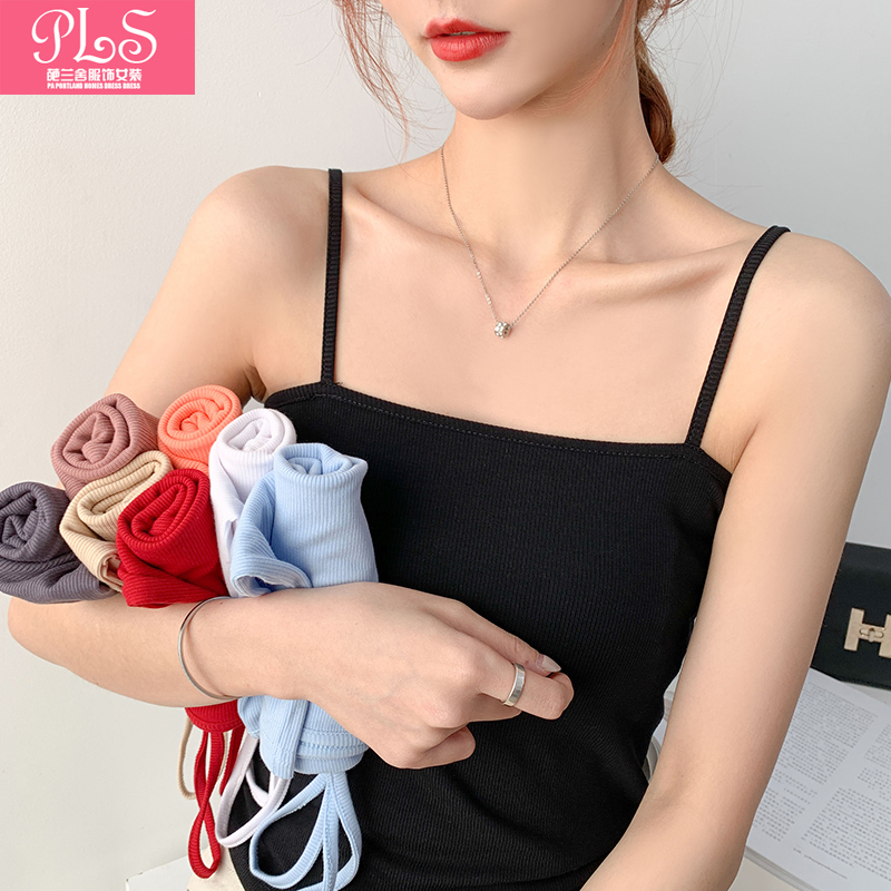 夏季新款纯棉一字领黑色简约吊带