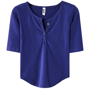 纯白圆领修身纽扣半开领燕尾下摆内搭中袖T恤女装纯色简约打底衫