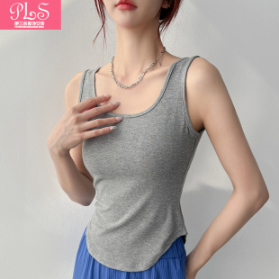 显瘦弧形下摆上衣设计感 内搭U领修身 纯白黑色吊带背心女夏季 新款