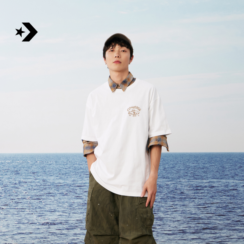 CONVERSE匡威官方 男女全棉短袖摸鱼图案宽松休闲T恤10028727