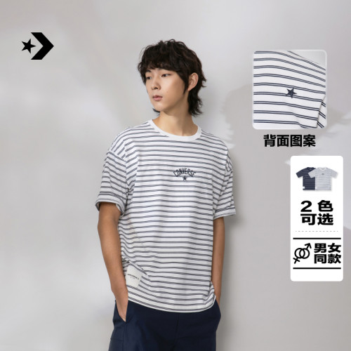 CONVERSE匡威官方 夏季新品宽松时尚男女条纹LOGO短袖T恤UCJ690