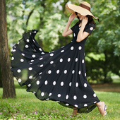 黑色波点过膝大摆裙气质收腰长款 女连衣裙2025夏季 新款 雪纺沙滩裙